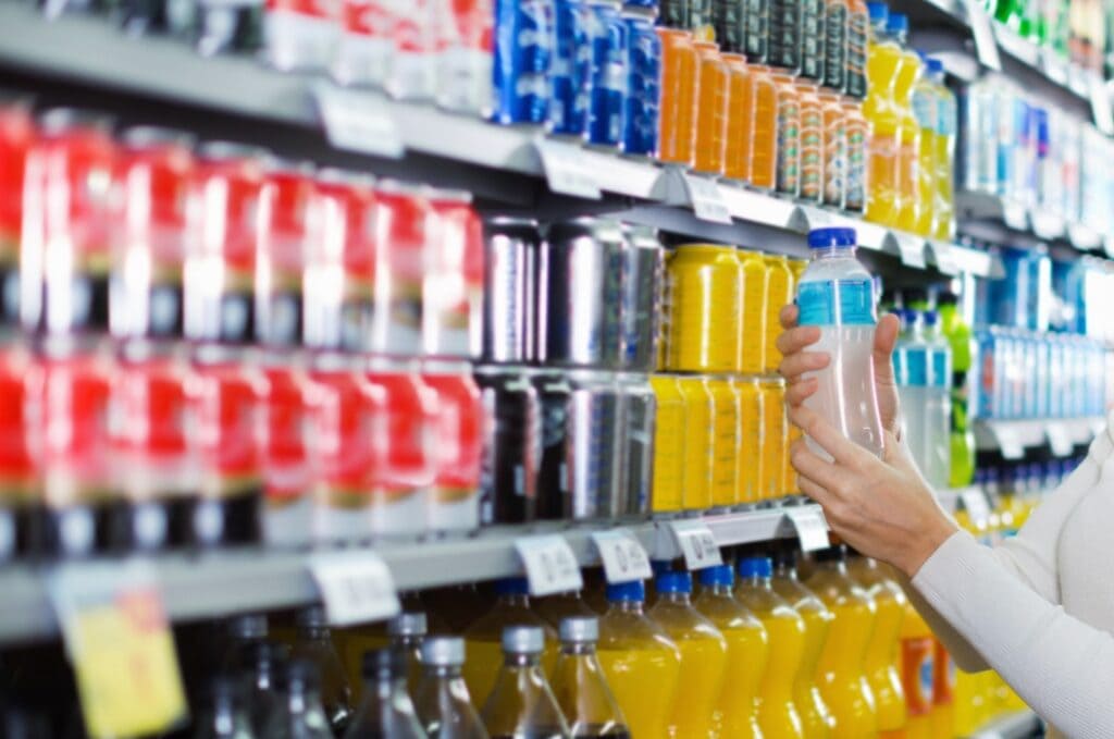 Woman choosing refreshing beverages in supermarket